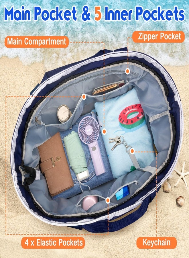 BKNOOU Extra Large Beach Bags Waterproof Sandproof XL Beach Tote Bag for Women Zipper Foldable Swim Pool Bag with Wet Pocket (Blue White) - Image 5